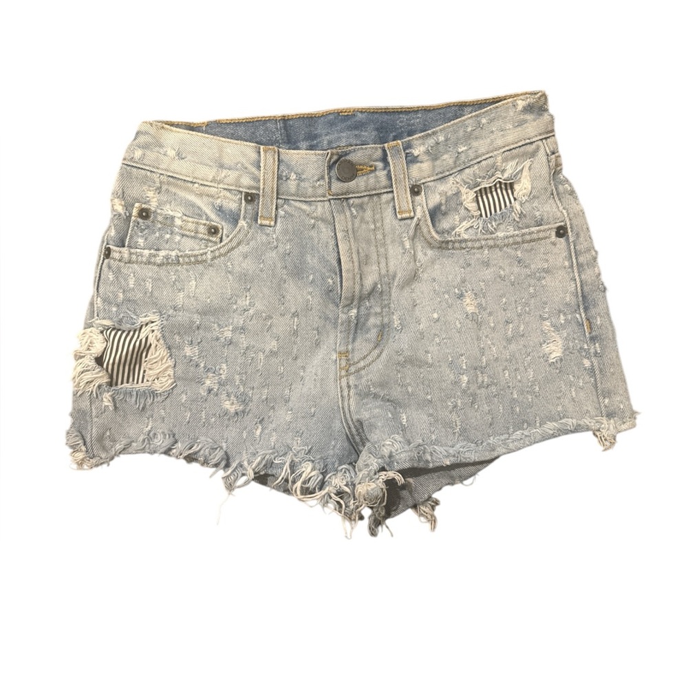 Carmar Los Angeles Mid - High Rise Denim Shorts Ripped Distressed Stripes Sz 25